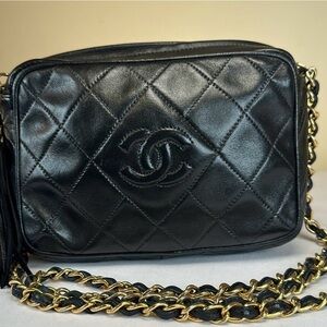 CHANEL Black and Gold Quilted Crossbody with Chain